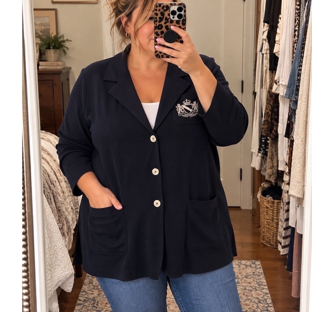Lauren Ralph Lauren Knit Blazer Cardigan 2X Navy Embroidered Crest Preppy